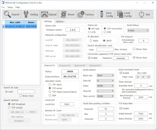 Setting WIZ750SR connection parameters