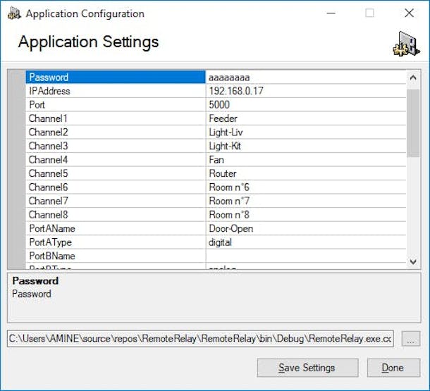 Application configuration screen