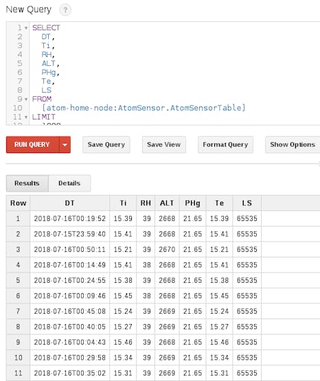A snapshot of database during sensor activity.