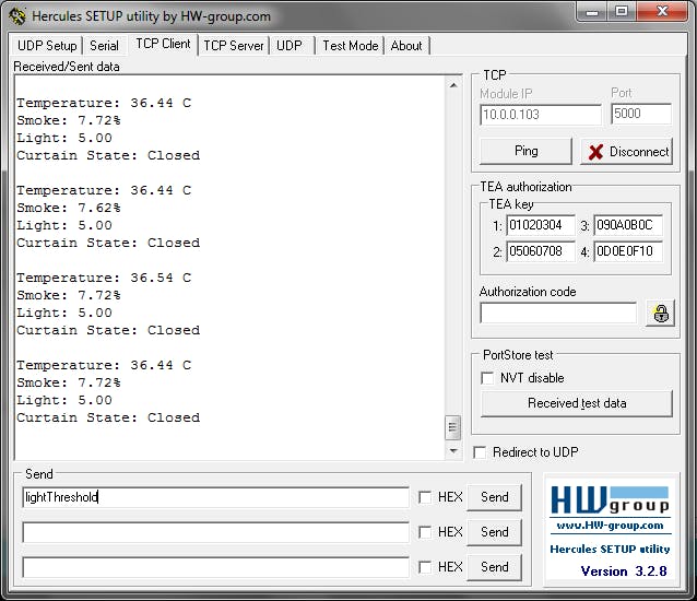 Type lightThreshold and click Send