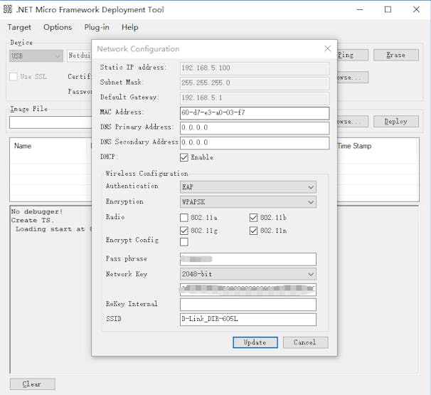 Figure 3. Config for Netduino WiFi Network