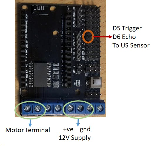 Motor Shield for NodeMCU connection shown for both motor and Ultrasonic Sensor