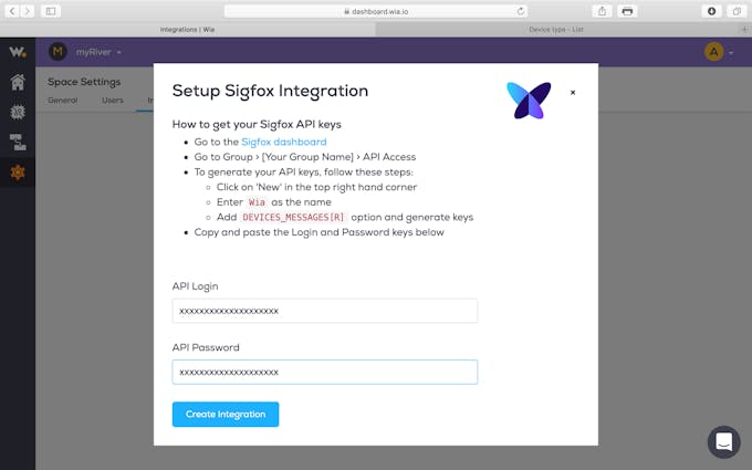 In the Wia window, paste the Login and Password from the SigFox API Access