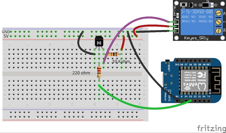 Relay module connection with Wemos and a bjt in transistor as a switch configuration