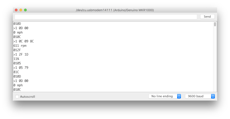 Screenshot of the serial monitor demonstrating sending commands and receiving data