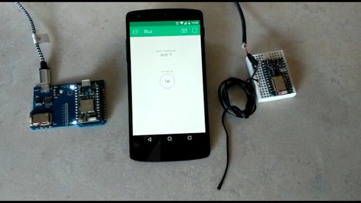 From left to right: the Bluz-Blynk Gateway, the Blynk app and the Bluz wireless temperature sensor