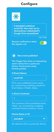 Figure 3: IFTTT Google sheet configuration