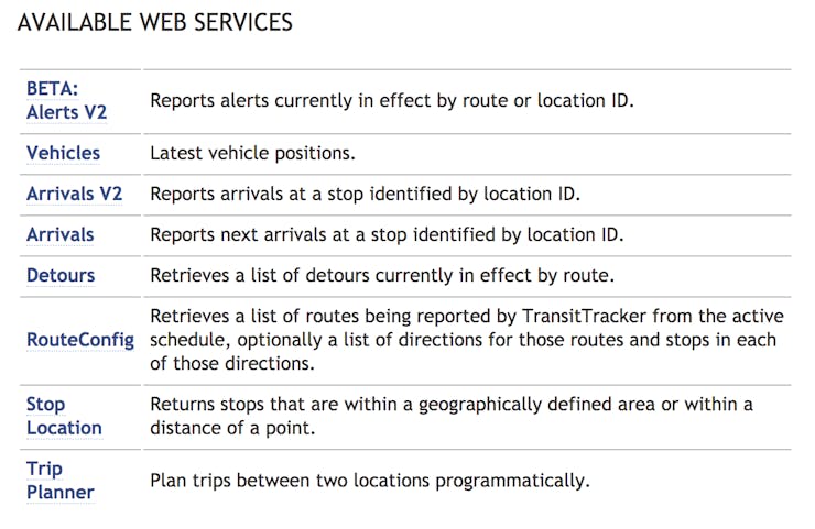 Available Data Services in the Trimet API