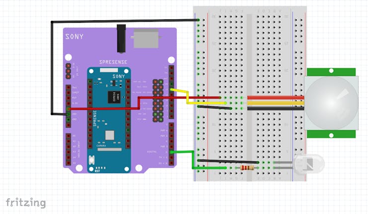Scheme: Connect Sony Spresense, PIR sensor and LED diode