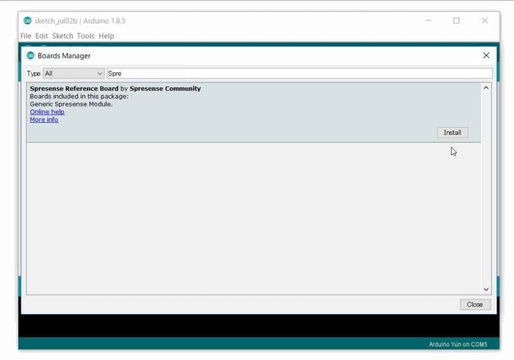 Search for Spresense, select it and click install.