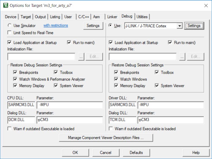 Configuration of the Debug Tab