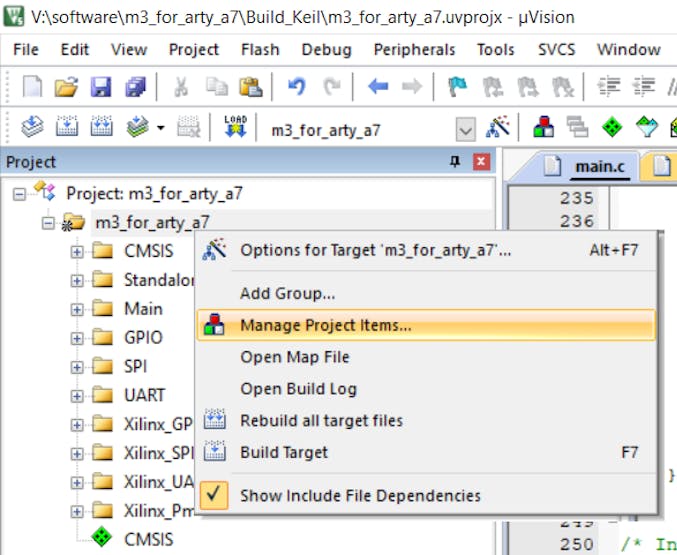 Opening the Project Items to Manage.