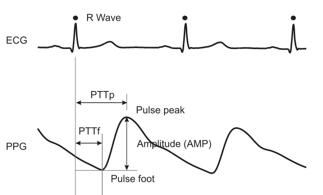 Getting the values of Pulse Transit time(PTT) to the foot of the pulse and PTT to the peak of the pulse-Credits: https://iopscience.iop.org/article/10.1088/0967-3334/28/3/R01/meta