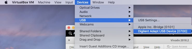 Select the Digilent device so the virtual desktop can see it
