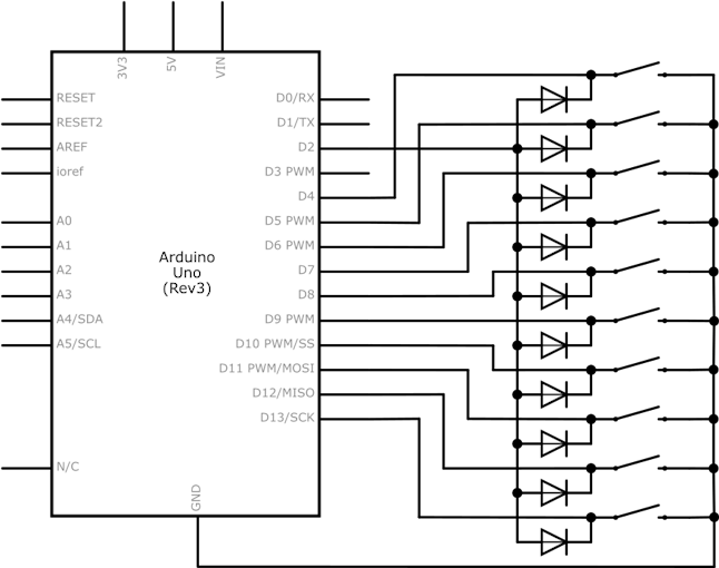 10 buttons using 1 interrupt with diodes