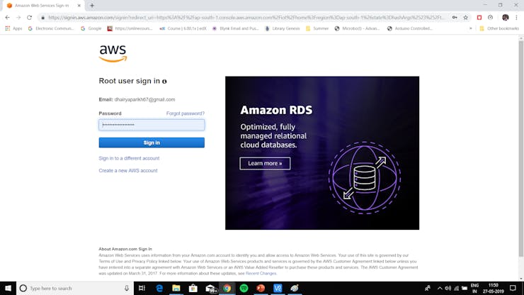 AWS sign in and sign up page