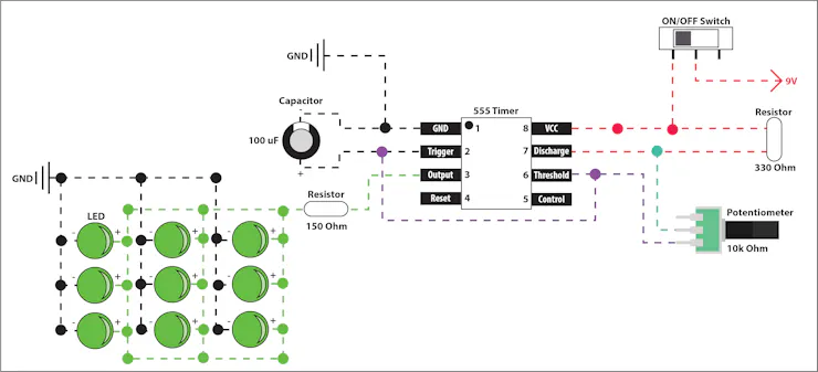 555 Potentiometer Circuit w/ 9 LEDs