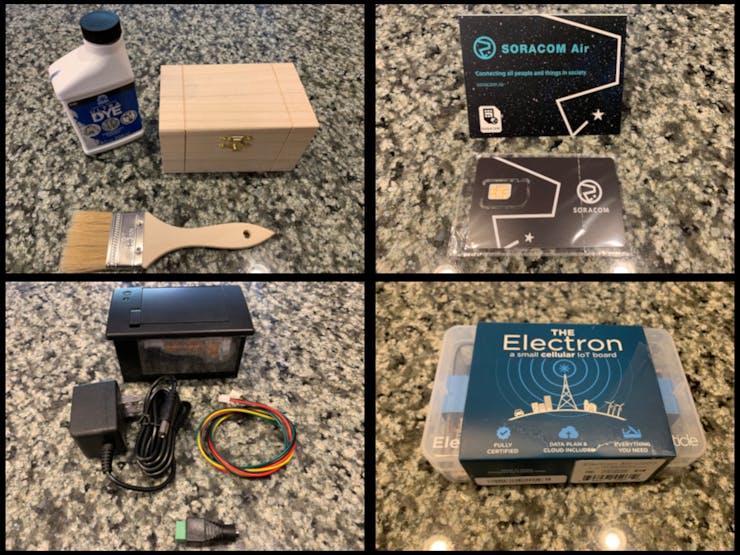 A painted box, a Soracom SIM card, an Adafruit Thermal Printer, and a Particle Electron