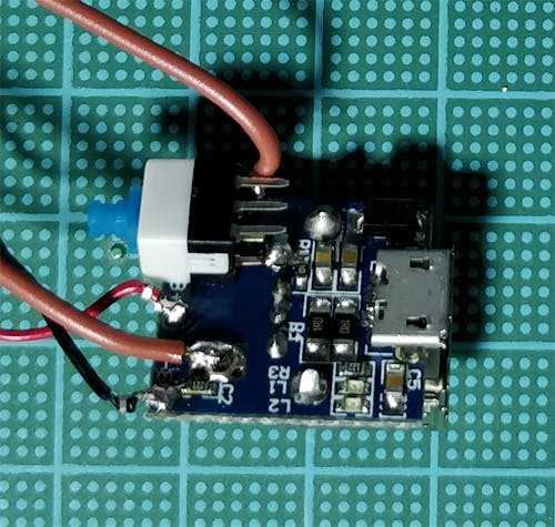 To keep size at minimum we are using a miniaturized switch soldered directly to the 5V pad of the power bank electronics