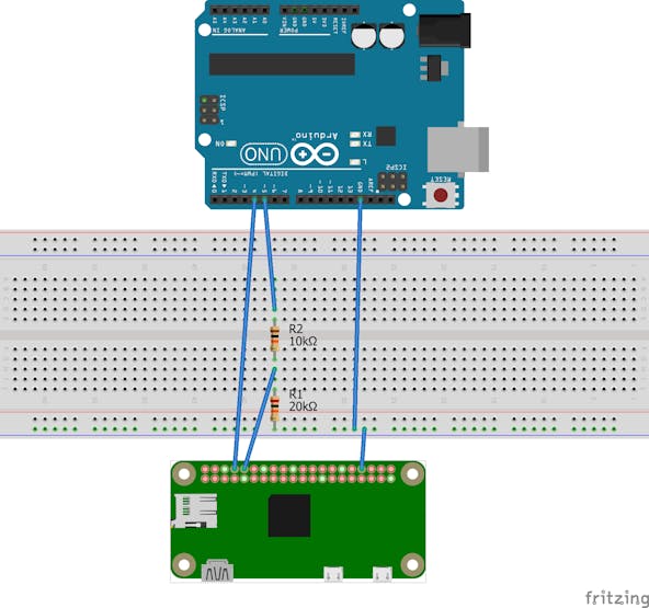 Figure 7: Example schematic of Arduino - Pi serial interface. In this case the Arduino TX (D5) goes through a voltage divider to the RX of the Raspberry Pi (GPIO15). In the actual incubator application, the D12 pin is used for Pi-serial communication (see Figure 6)