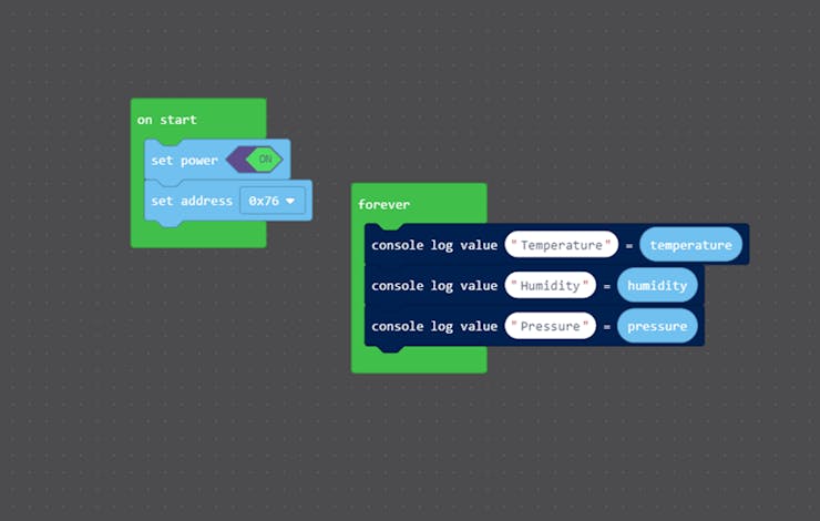 The full code listing in maker.Makecode for our weather station