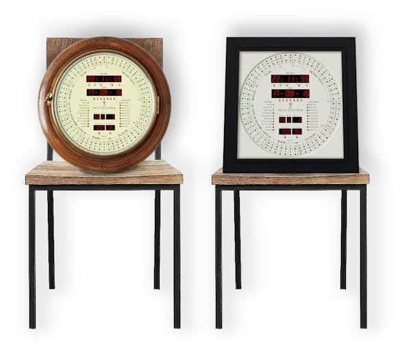 Clocks sitting on a couple of chair to give an idea of the clock sizes.