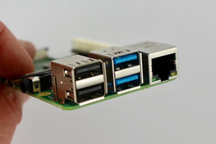 Here we have 2×USB2 ports (left), 2×USB3 ports (middle), and Gigabit Ethernet (right). (📷: Alasdair Allan)