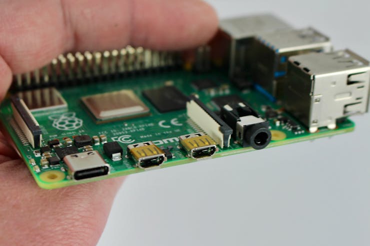 The Raspberry Pi 4 has USB-C for power (left), and 2 × micro-HDMI ports (middle). (📷: Alasdair Allan)