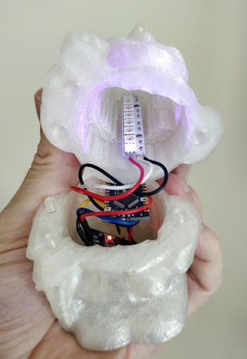 The inside of our Gnome with the RTC, NANO Every and LED bar visible