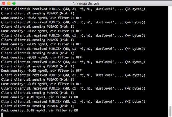 Using Mosquitto Subscribe Client to show the Dust Density Level