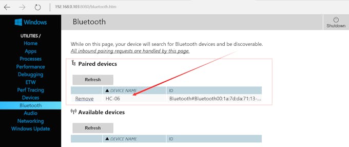 Fig.
7: Bluetooth Pairing on Windows 10 IoT Core