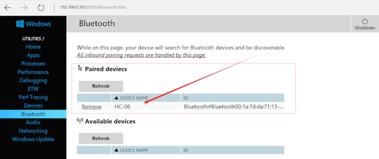 Fig.
7: Bluetooth Pairing on Windows 10 IoT Core
