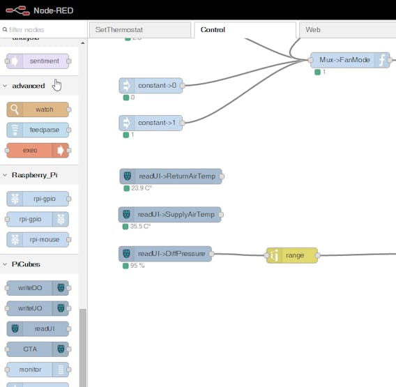 Example: Node-RED Flow that reads Temperatures using duct sensors.