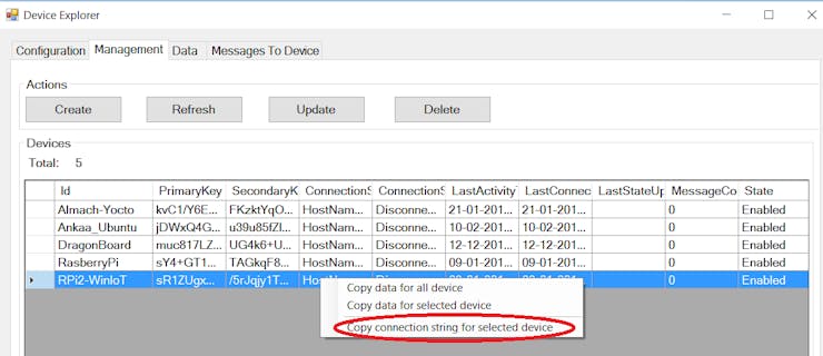 Connection
string for your device from Device explorer