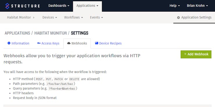 Webhooks tab in Application Settings