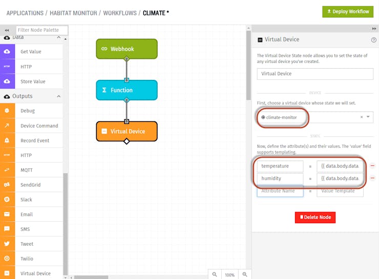 Link the Virtual Device to the inbound data from the Particle Photon