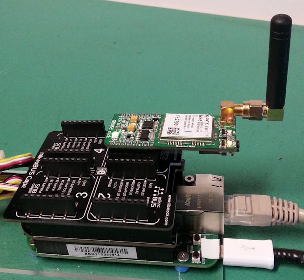 The GPRS Modem, GSM Antenna and MikroBus Cape connected