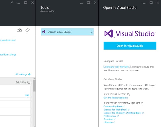 Opening the SQL database in Visual Studio through the Azure Portal.