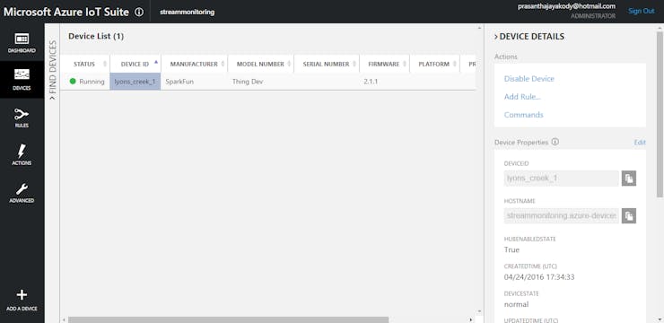 When you click on the device id in the Device List, it's properties are listed in the right pane.