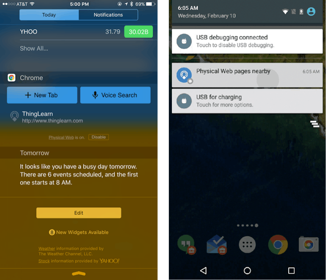 The physical web url is picked up in the iOS ‘today’ tab, while a notification is sent on Android