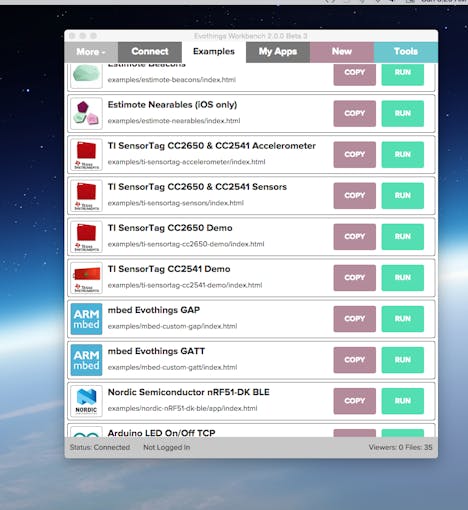 Evothings Workbench Open on Desktop, Exampls tab at top clicked.