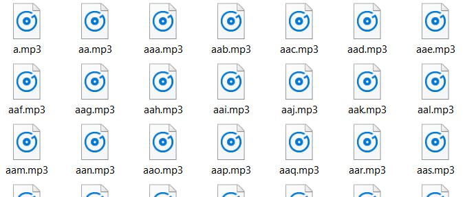 A lot of generated mp3's with any 3-letter-combination stored in AWS S3