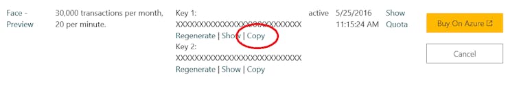 Copy your subscription key for the Face API as you'll need to add it to the app.