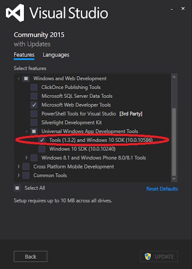 Update your installation of Visual Studio 2015 Update 2 to ensure that the Windows 10 SDK is installed.