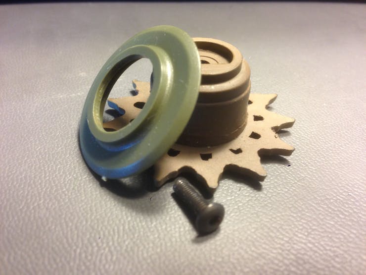 Half sprocket, fully disassembled.