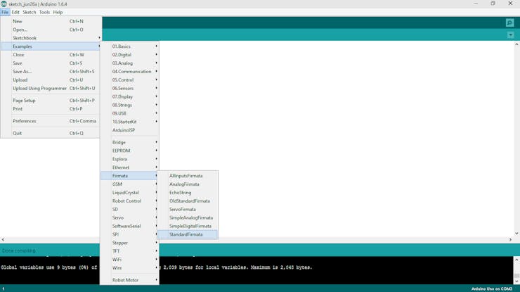 Select `StandardFirmata` from the list of example sketches.