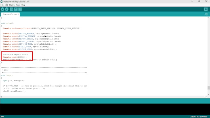 In the `setup()` function, change the baud rate from 57600 to 115200.